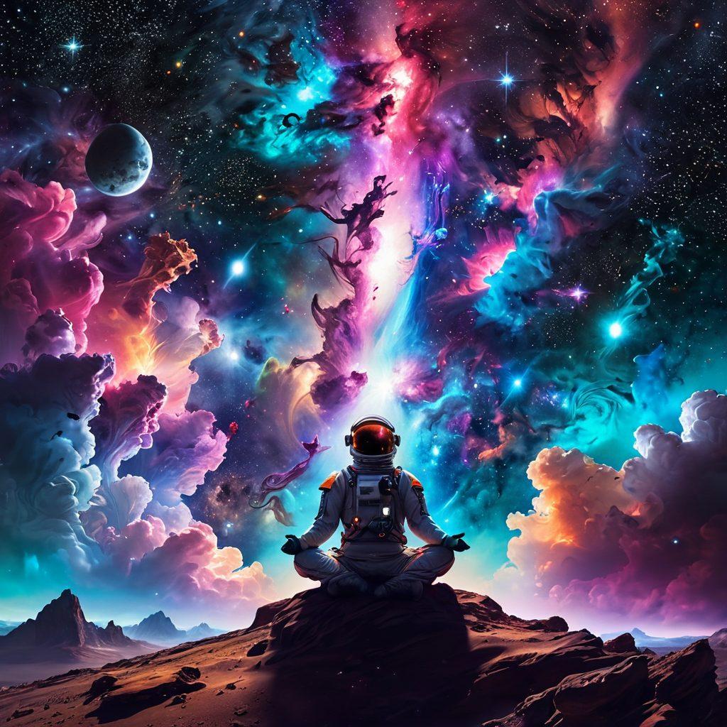 A breathtaking cosmic scene showcasing a vibrant nebula swirling with vivid colors, dotted with sparkling stars and distant galaxies. In the foreground, a serene astronaut meditating, surrounded by floating celestial objects and bright cosmic phenomena, symbolizing peace and exploration. Ethereal light beams radiate from the horizon, creating a sense of scale and wonder in the vastness of space. surrealism. vibrant colors. ethereal glow. high detail.