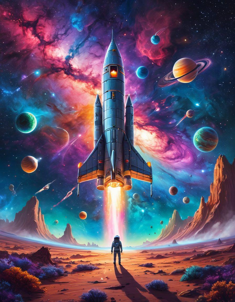 A stunning cosmic landscape featuring vibrant nebulae and swirling galaxies, dotted with twinkling stars and colorful planets. In the foreground, a whimsical spacecraft takes off, surrounded by playful, cartoonish aliens celebrating the joy of exploration. The scene radiates a sense of wonder and adventure, capturing the essence of a joyful interstellar journey. vivid colors, digital painting, surreal style.