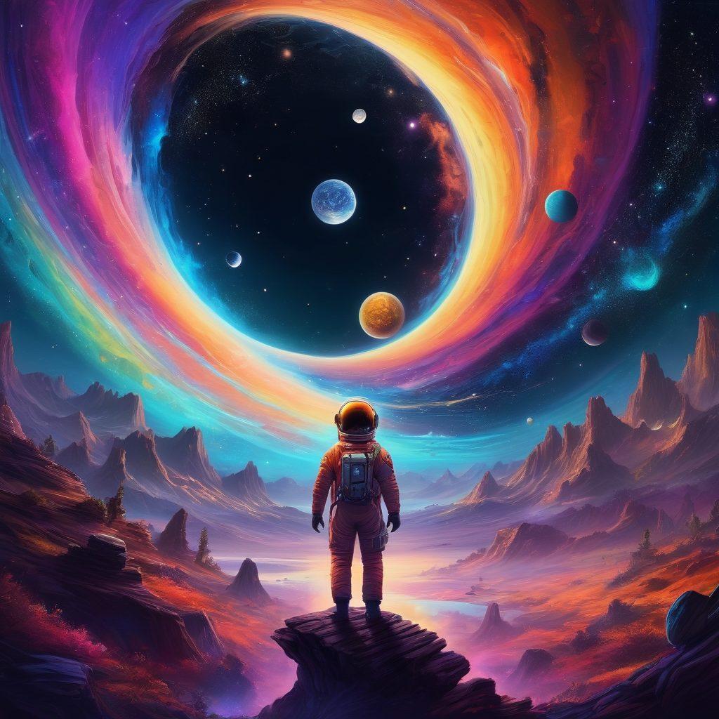 A whimsical astral landscape filled with vibrant colors depicting floating planets, shimmering stars, and cosmic trails. An adventurous astronaut with a joyful expression explores the wonders of space while colorful nebulae swirl around them, embodying the ecstatic journey of discovery. Include playful animals frolicking in the cosmos, reflecting the theme of joy and curiosity. surreal art style. vivid colors. dark background.